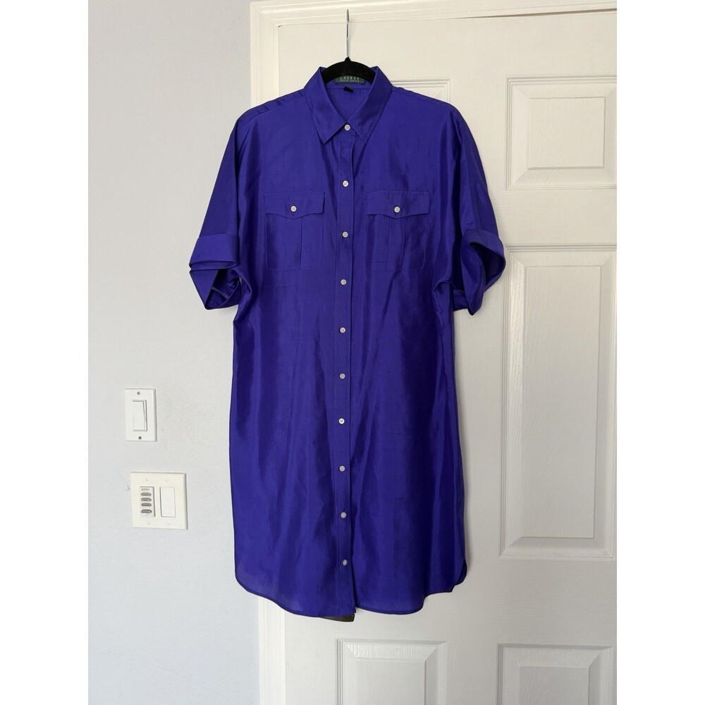 Ralph Lauren silk shirt dress size 12 cobalt blue/purple cuffed minimalist chic